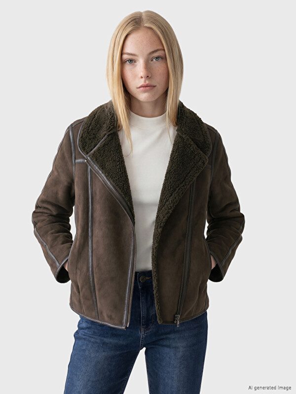XSIDE Manteau effet cuir en suède pour femme à col en fourrure