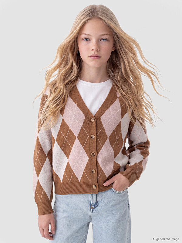 LCW Kids Argyle Patterned Girls' Knitwear Cardigan