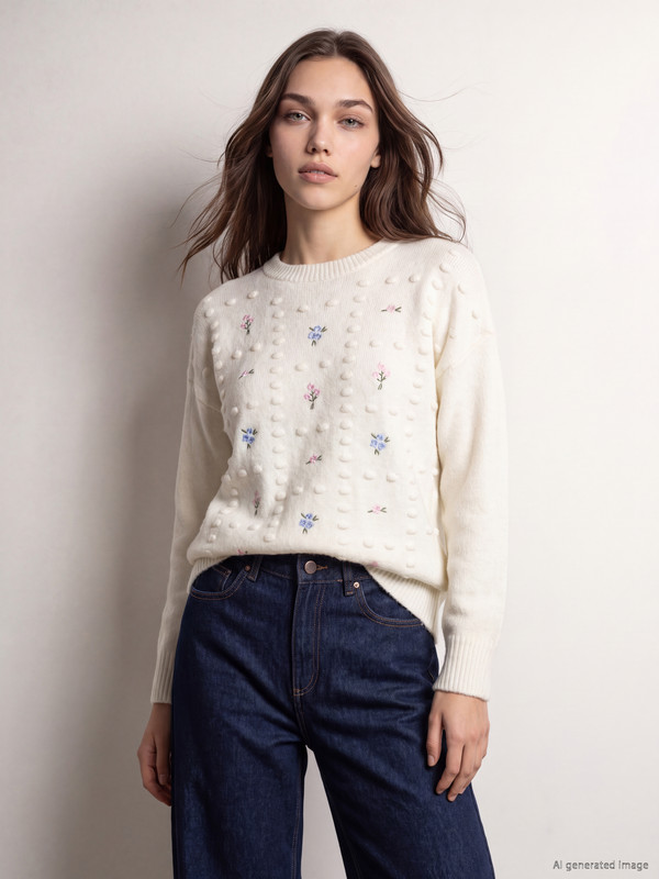 LCW Modest Crew Neck Embroidered Women's Knitwear Tunic