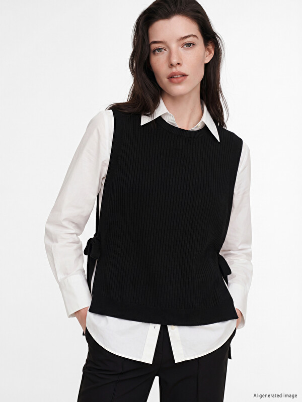 LCW Comfort дөңгелек жағалы баумен байланатын әйелдерге арналған тоқыма жемпір жилет