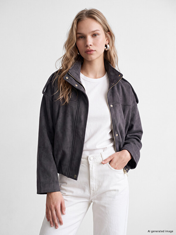 LCW Vision Oversize Kadın Bomber Süet Görünnümlü Ceket