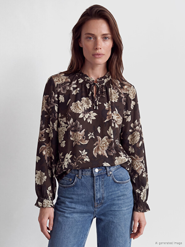 LCW Grace Tie Neck Floral Blouse