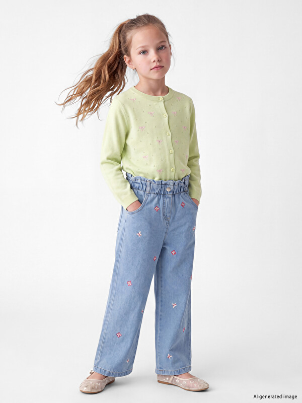 LCW Kids Wideleg Nakışlı Kız Çocuk Jean Pantolon