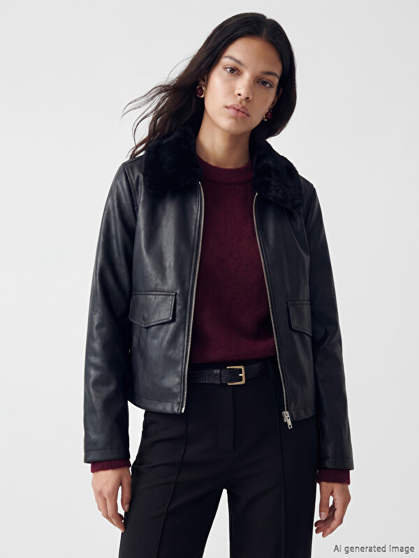 LCW Vision Woman Black Faux Leather Jacket