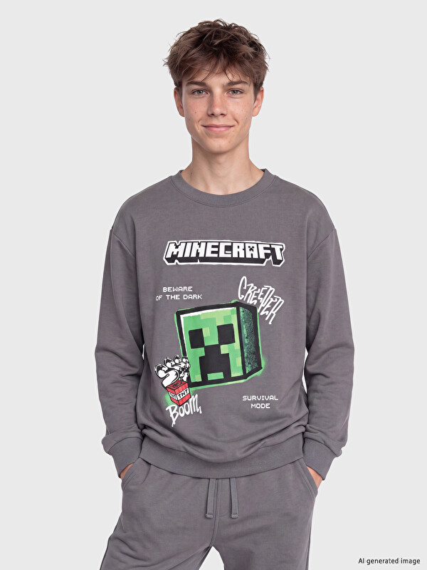 LCW Kids Bisiklet Yaka Minecraft Baskılı Erkek Çocuk Sweatshirt