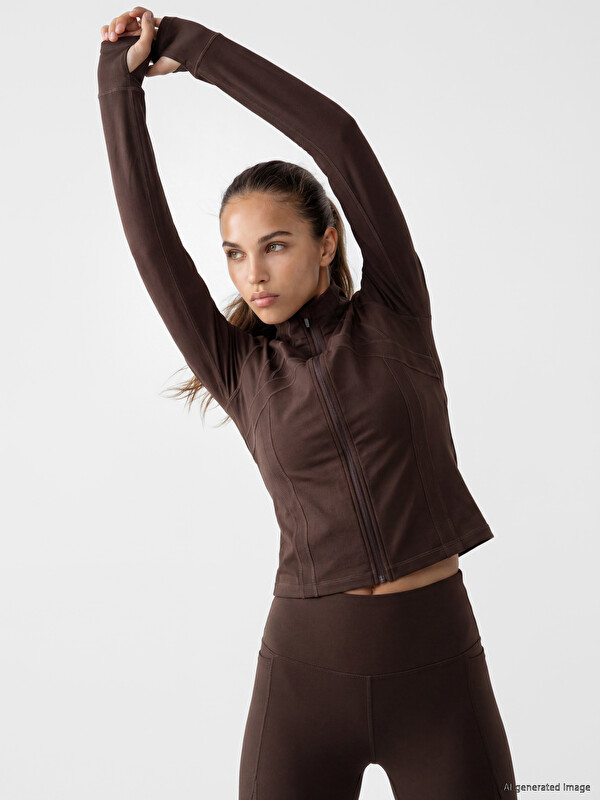 KOOR SPORT Dik Yaka Parmak Geçmeli Kadın Fermuarlı Sweatshirt