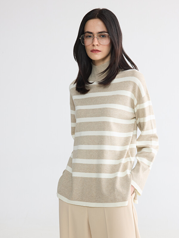 LCWAIKIKI Classic Half Mock Turtleneck Striped Women's Knitwear Sweater