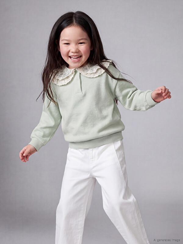 LCW Kids Eyelet Detailed Peter Pan Collar Girls' Sweatshirt