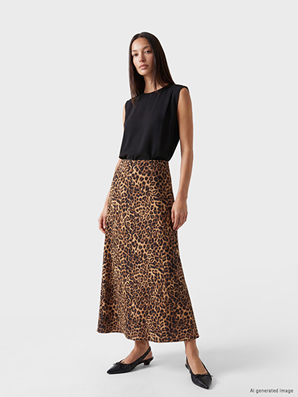LCWAIKIKI Classic Beli Fermuarlı Leopar Desenli Saten Etek