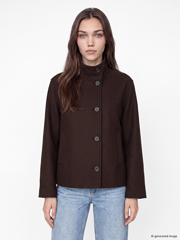 LCW Modest Dik Yaka Oversize Kadın Kaşe Mont