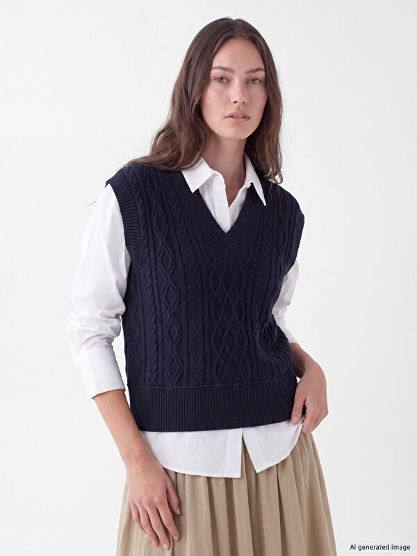 LCW Modest V Neck Cable Knit Patterned Women's Knitwear Sweater Vest