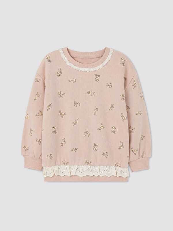 LCW Kids Bisiklet Yaka Çiçekli Fırfırlı Kız Çocuk Sweatshirt