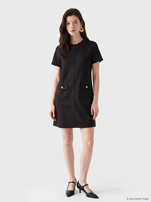 LCW Comfort Crew Neck Faux Suede Mini Dress