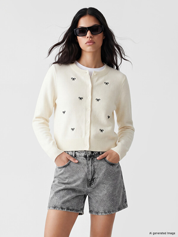 XSIDE Crew Neck Bow Embroidered Women's Knitwear Cardigan