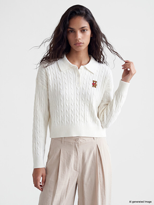 XSIDE Polo Collar Cable Knit Patterned Women's Knitwear Sweater