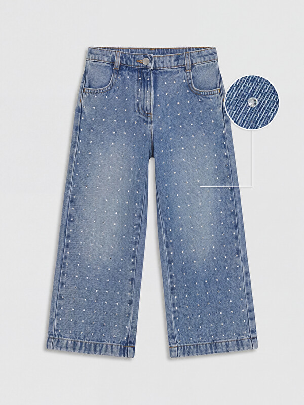 LCW Kids Taşlı Wideleg Kız Çocuk Jean Pantolon