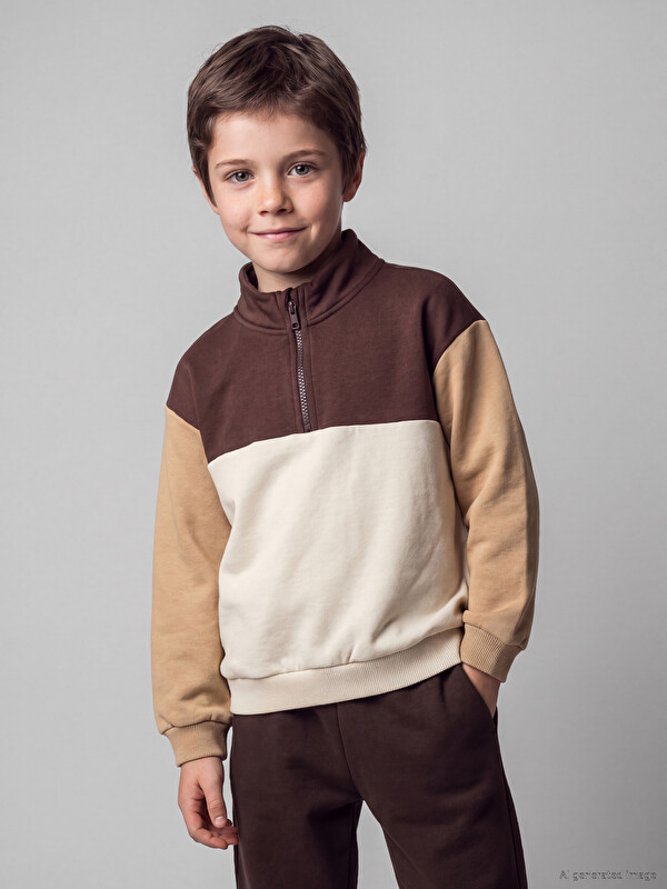 LCW Kids Renk Bloklu Erkek Çocuk Kalın Sweatshirt