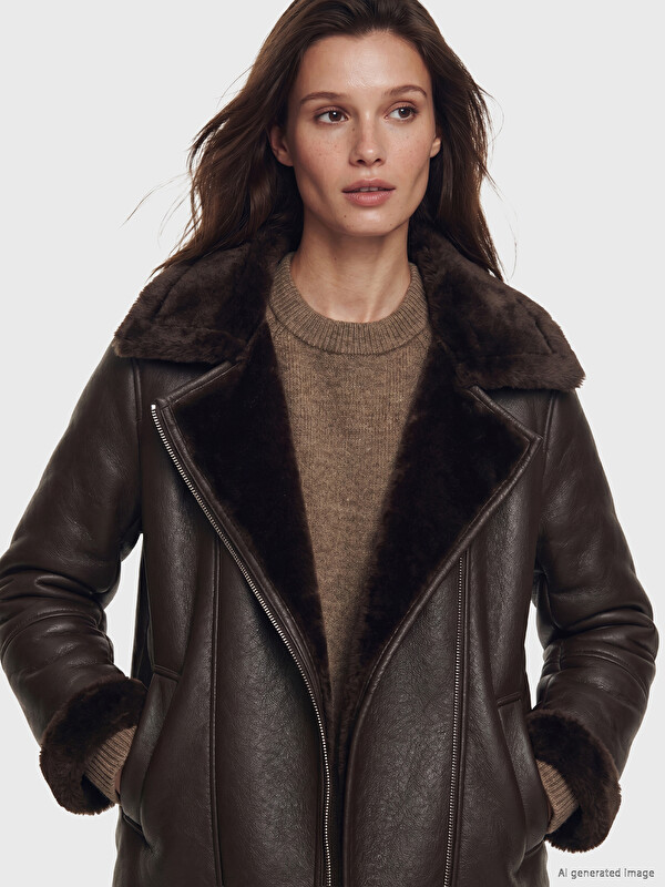 LCW Modest Fur Collar Women's Leather Look Coat