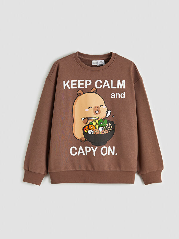 LCW Kids Capyfun Baskılı Bisiklet Yaka Kız Çocuk Sweatshirt