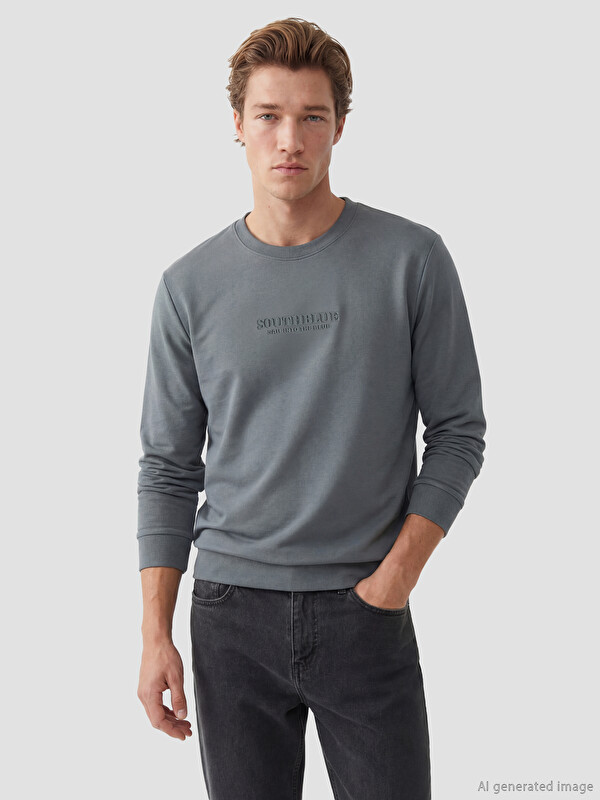 SOUTHBLUE Bisiklet Yaka Baskılı Erkek Sweatshirt