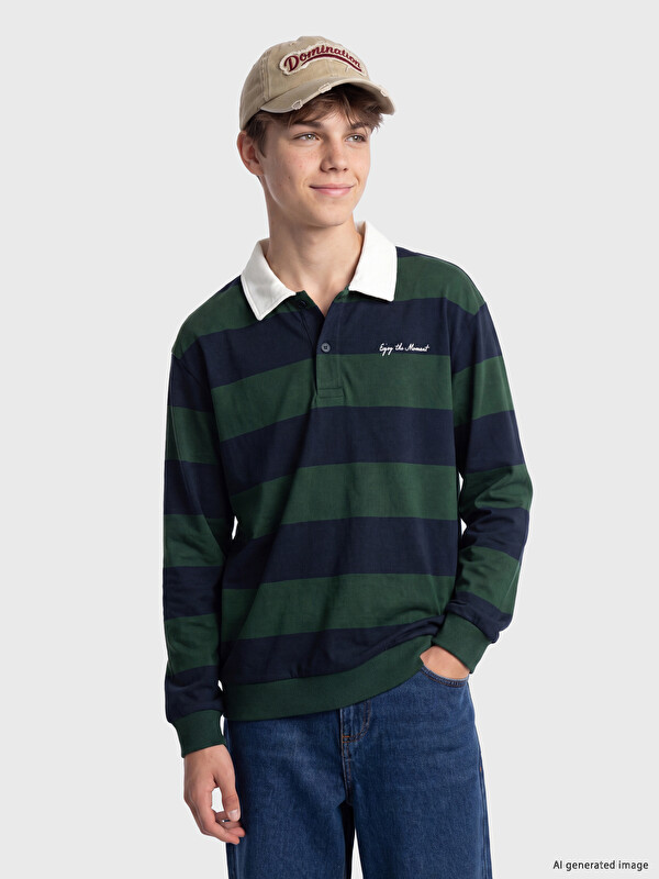 LCW Kids Polo Yaka Çizgili Erkek Çocuk Sweatshirt