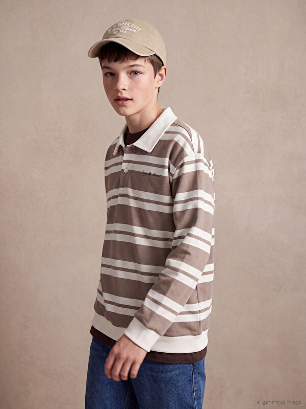 LCW Kids Polo Yaka Çizgili Erkek Çocuk Sweatshirt