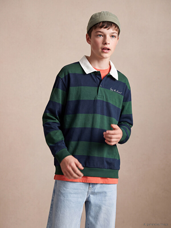 LCW Kids Polo Yaka Çizgili Erkek Çocuk Sweatshirt