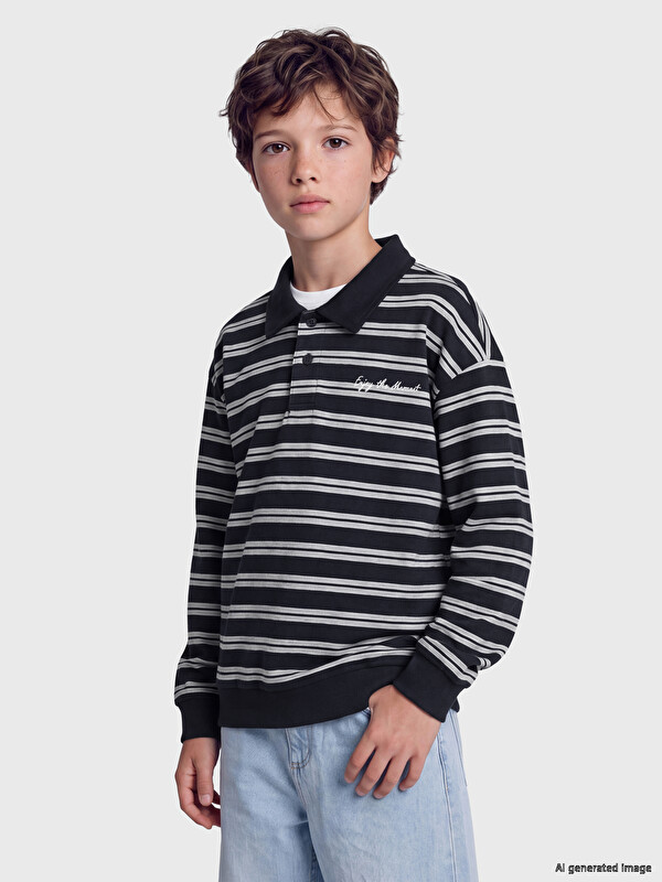 LCW Kids Polo Yaka Çizgili Erkek Çocuk Sweatshirt