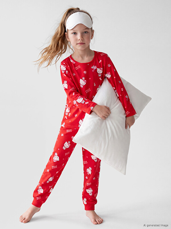 LCW Kids Hello Kitty Bisiklet Yaka Kız Çocuk Pijama Takım