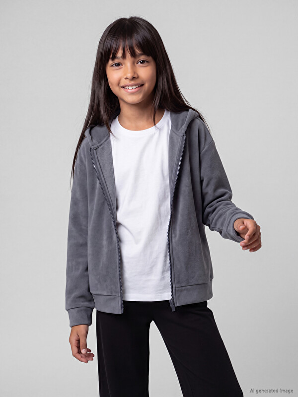 LCW Kids Kapüşonlu Kız Çocuk Kadife Fermuarlı Sweatshirt