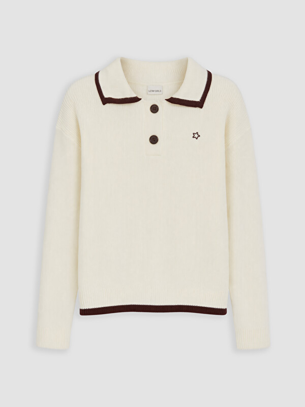 LCW Kids Polo Collar Embroidered Girls' Knitwear Sweater
