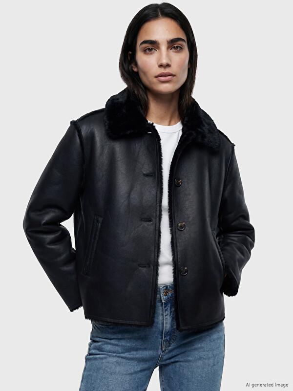 LCW Vision Woman Black Faux Leather Coat
