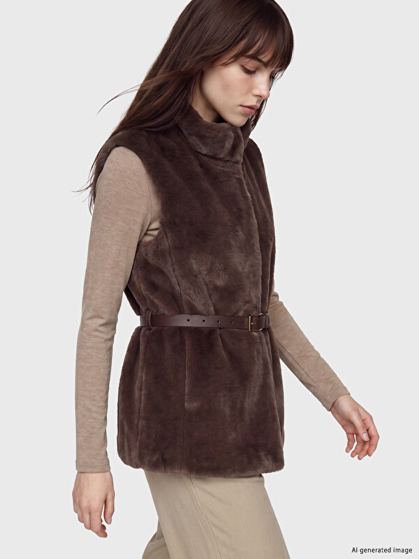 LCW Vision Mock Neck Waist Belted Women's Fur Gilet