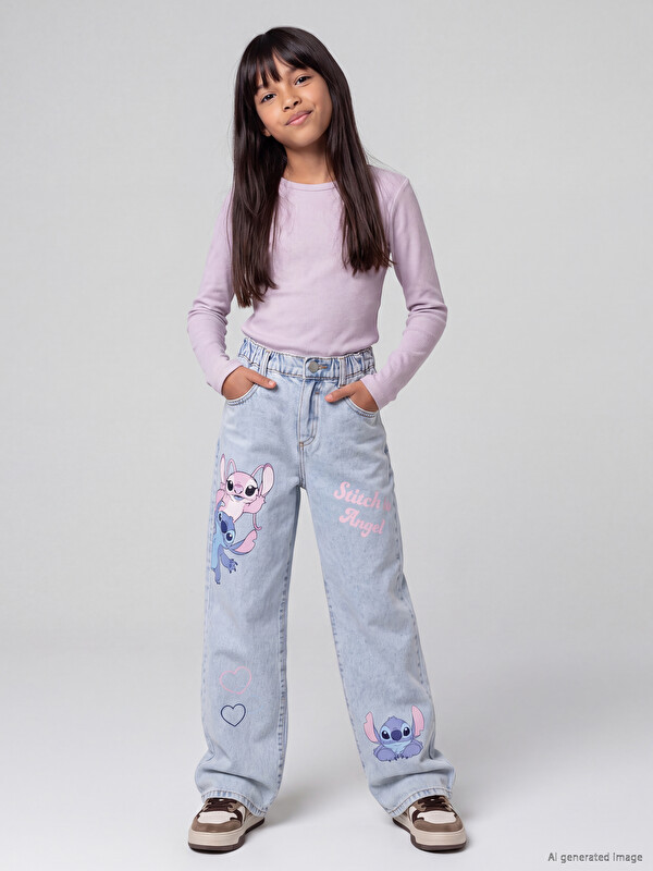 LCW Kids Baggy Fit Stitch Printed Girls' Jean