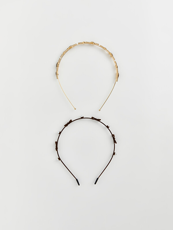 LCW JOY 2 Pack Bow and Stone Chain Detailed Headband Set