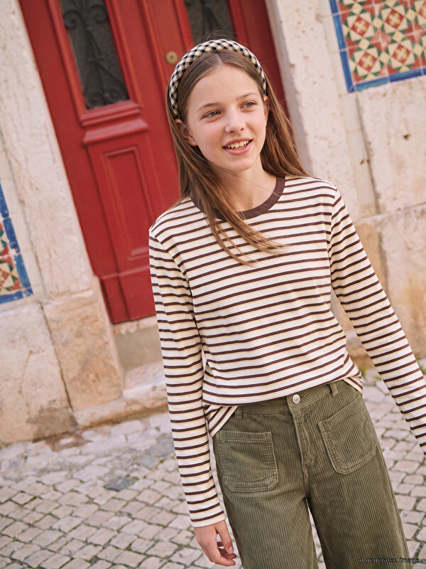LCW Kids Tricou cu Guler Rotund cu Imprimeu și Dungi, Set de 2, pentru Fete