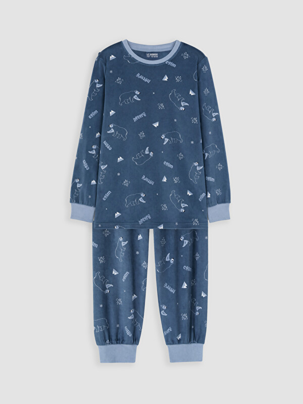 LCW Kids Bisiklet Yaka Kadife Erkek Çocuk Pijama Takımı