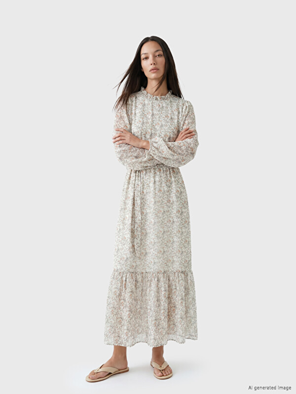 LCWAIKIKI Classic Ruffled Grandad Collar Floral Chiffon Long Dress