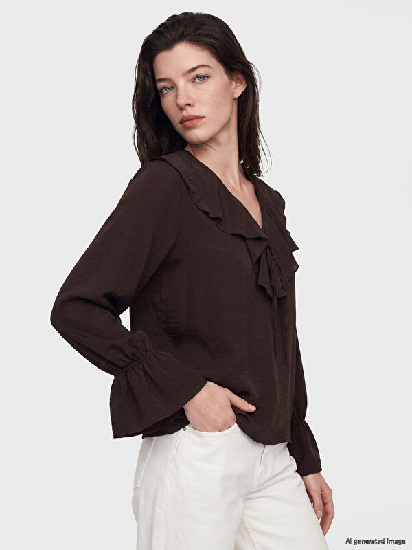 LCW Comfort V Neck Frilled Blouse