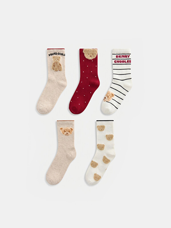 LCW Kids Teddy Bear Patterned Girls' Ankle Socks 5-pack