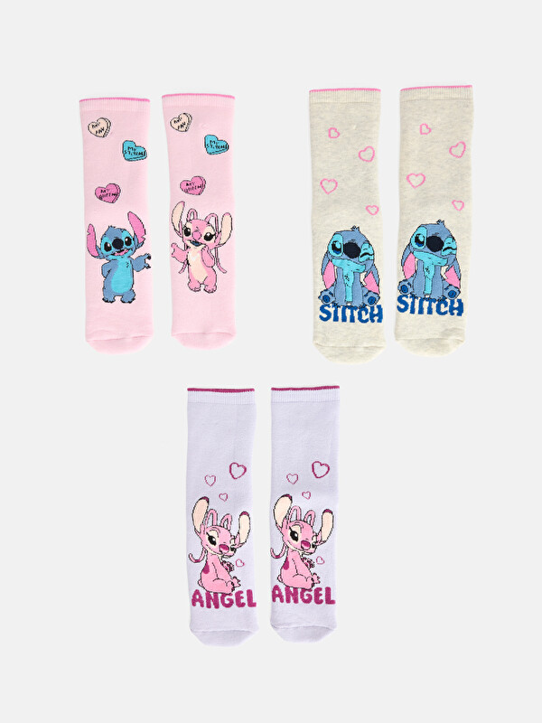 LCW Kids Lot de 3 paires de chaussettes de cheville fille imprimées Stitch et Angel