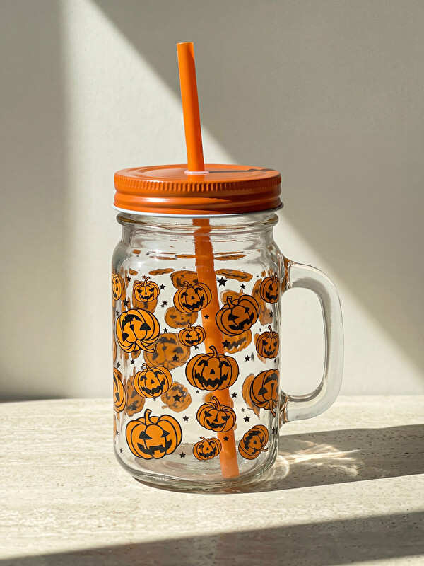 LCW HOME Pumpkin Printed Glass Strawed Glass Thermos 480 Ml