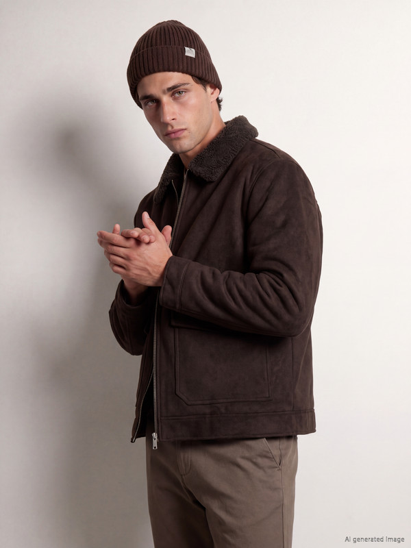 LCW Vision Regular Fit Fur Collar Men's Suede Coat