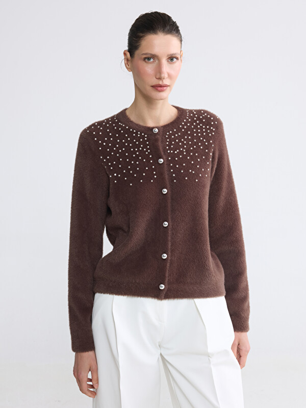 LCWAIKIKI Classic Cardigan Tricotat pentru Femei cu Guler Rotund și Încrustat cu Ștrasuri