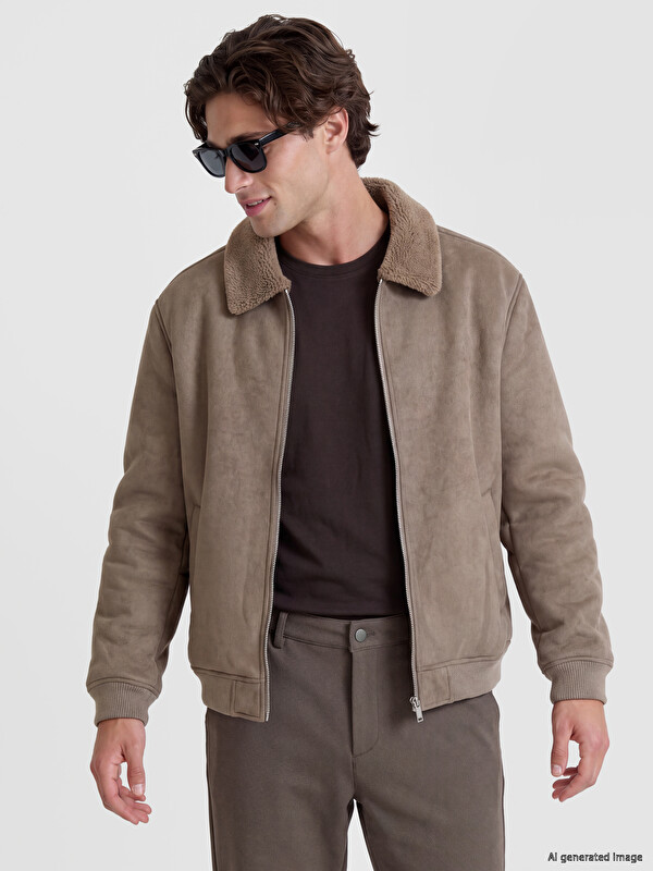 LCW Vision Relaxed Fit Fur Collar Men's Suede Coat