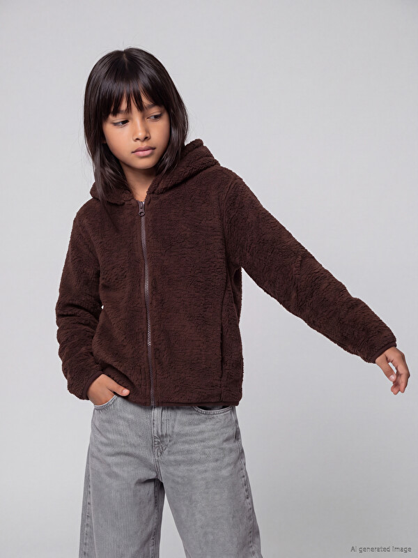 LCW Kids Hooded Girls' Plush Zippered Sweatshirt