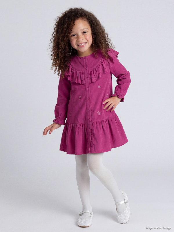 LCW Kids Crew Neck Embroidered Girls' Corduroy Dress