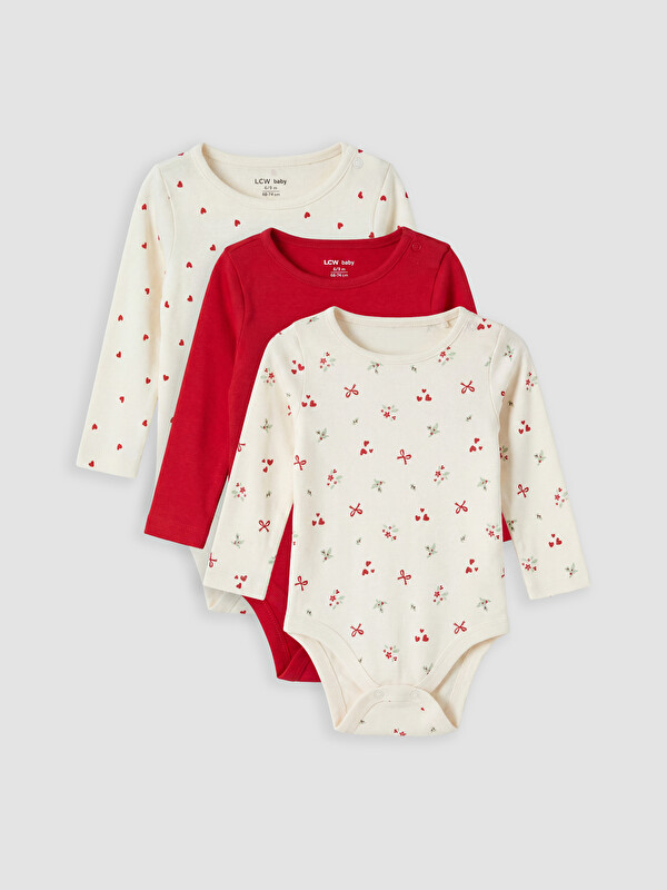 LCW baby Crew Neck Printed Baby Girls' 3-piece Bodysuit