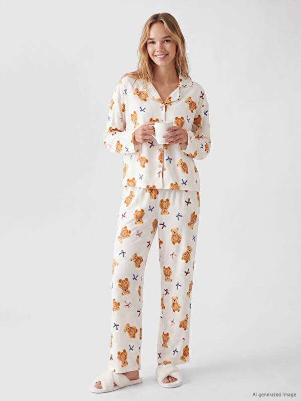 LCW Young Shirt Collar Teddy Bear Printed Women's Pyjamas Set