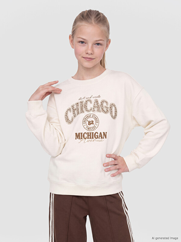 LCW Kids Chicago Baskılı Kız Çocuk Kalın Sweatshirt